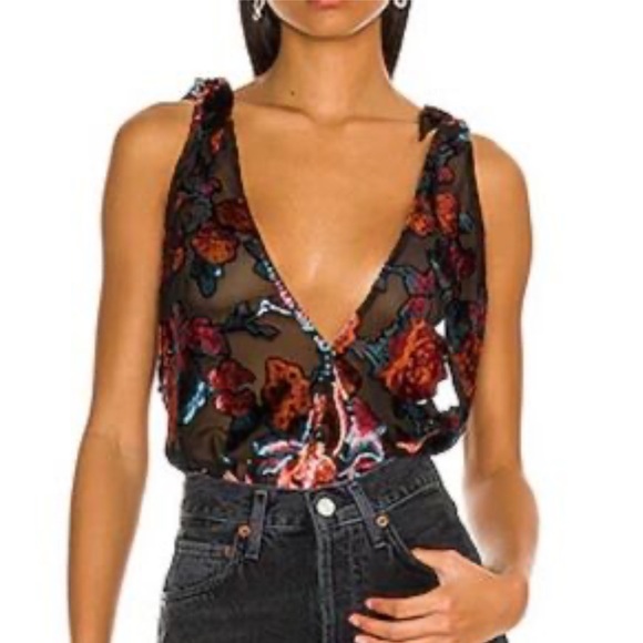 Free People Tops - Free People Black and Red Floral Mesh Blouse Size S